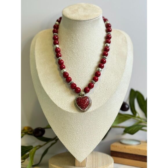 Sterling Silver Millefiori Heart & Red Carnelian Agate Necklace - Picture 2 of 8